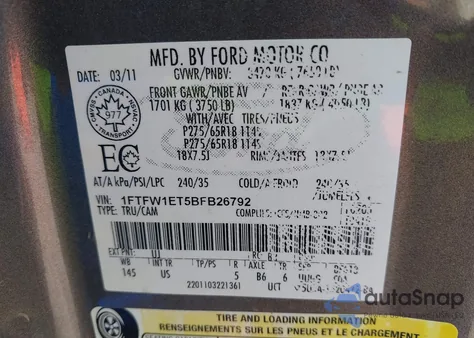 2011 Ford F-150 Xlt from USA, damaged, VIN 1FTFW1ET5BFB26792